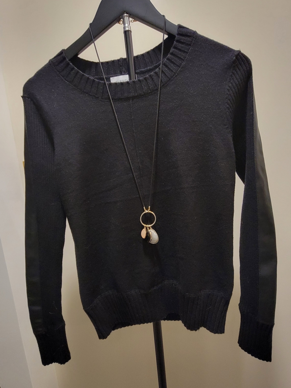 Evereve Black Crewneck Sweater with Satin-Trim Sleeves